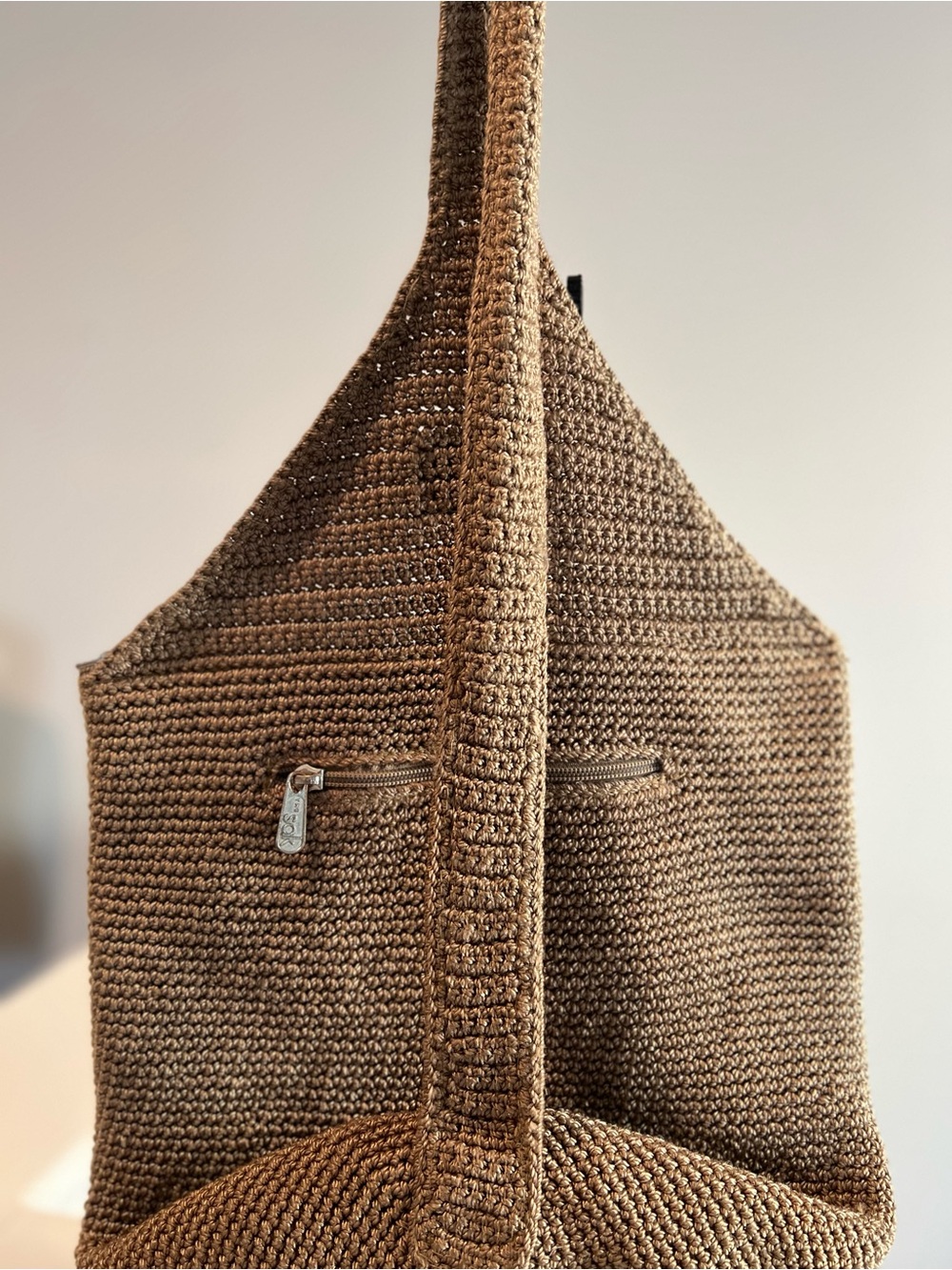 The Sak Handcrafted Crochet Shoulder Bag Taupe Knit Hobo Purse Zip Closure Boho - Picture 6 of 12